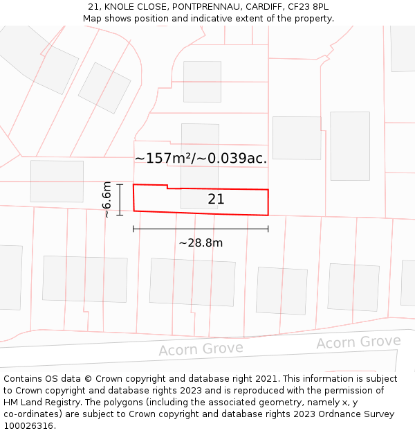 21, KNOLE CLOSE, PONTPRENNAU, CARDIFF, CF23 8PL: Plot and title map