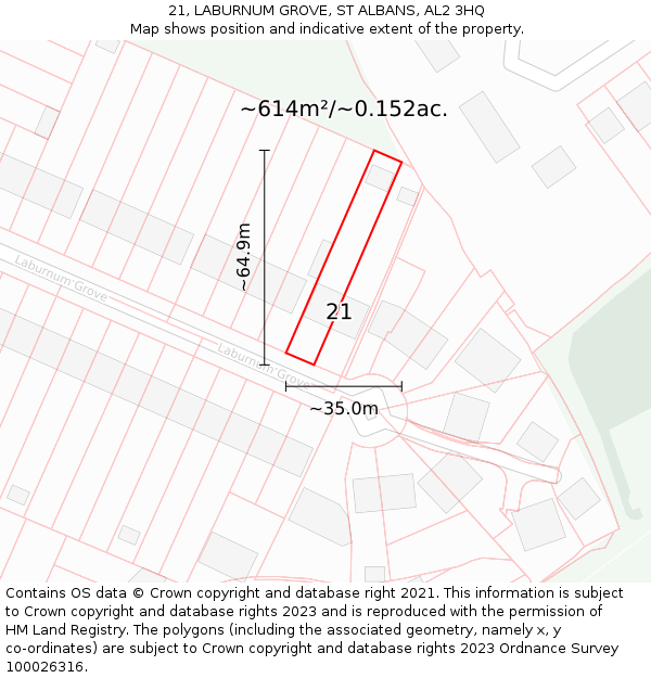 21, LABURNUM GROVE, ST ALBANS, AL2 3HQ: Plot and title map
