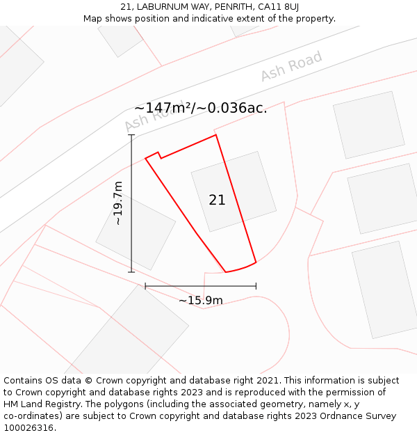 21, LABURNUM WAY, PENRITH, CA11 8UJ: Plot and title map