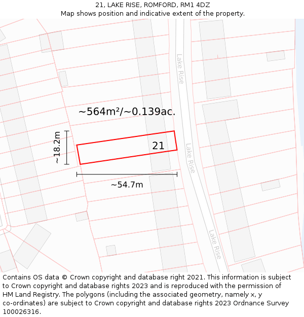 21, LAKE RISE, ROMFORD, RM1 4DZ: Plot and title map