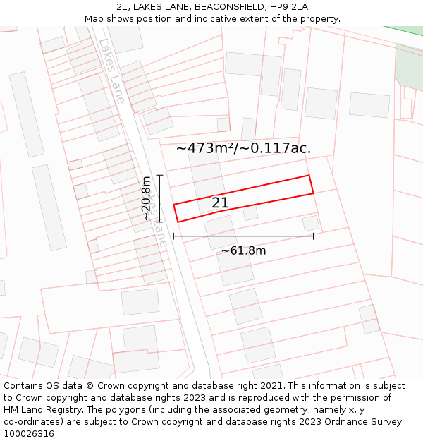 21, LAKES LANE, BEACONSFIELD, HP9 2LA: Plot and title map