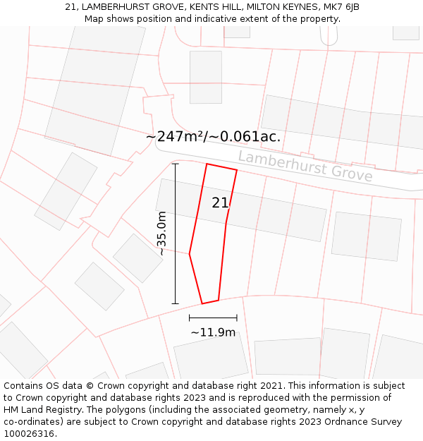 21, LAMBERHURST GROVE, KENTS HILL, MILTON KEYNES, MK7 6JB: Plot and title map