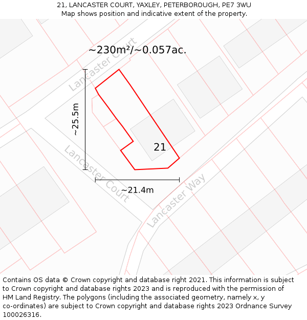 21, LANCASTER COURT, YAXLEY, PETERBOROUGH, PE7 3WU: Plot and title map