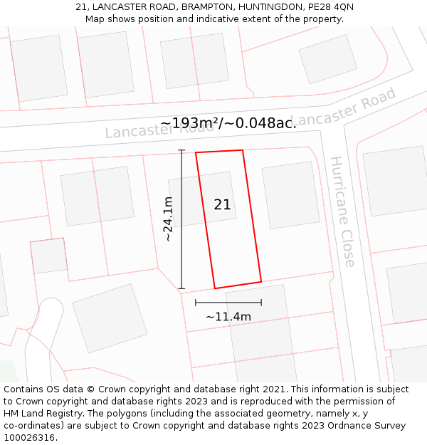 21, LANCASTER ROAD, BRAMPTON, HUNTINGDON, PE28 4QN: Plot and title map