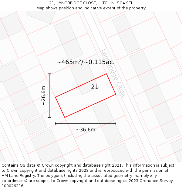 21, LANGBRIDGE CLOSE, HITCHIN, SG4 9EL: Plot and title map