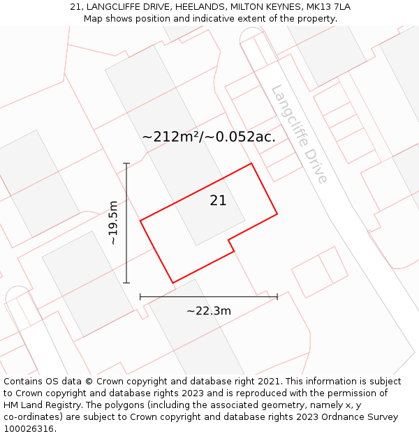 21, LANGCLIFFE DRIVE, HEELANDS, MILTON KEYNES, MK13 7LA: Plot and title map