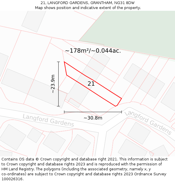 21, LANGFORD GARDENS, GRANTHAM, NG31 8DW: Plot and title map