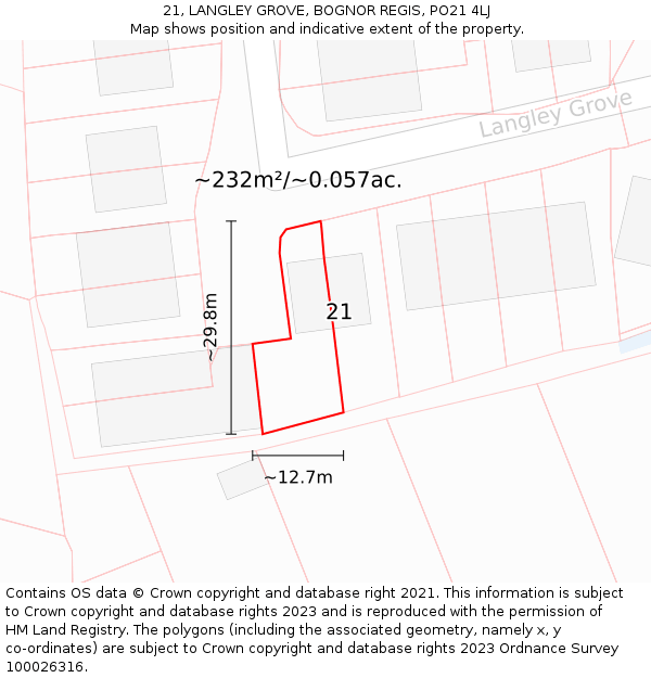 21, LANGLEY GROVE, BOGNOR REGIS, PO21 4LJ: Plot and title map