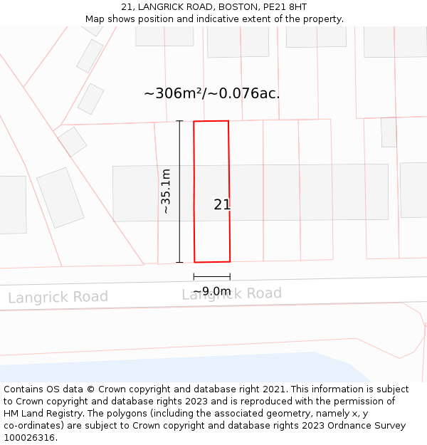 21, LANGRICK ROAD, BOSTON, PE21 8HT: Plot and title map