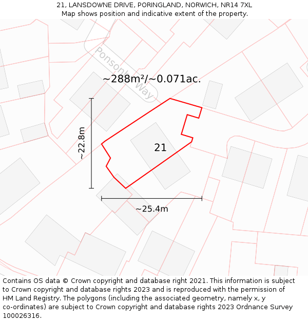 21, LANSDOWNE DRIVE, PORINGLAND, NORWICH, NR14 7XL: Plot and title map