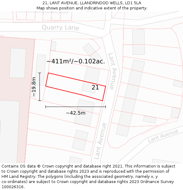 21, LANT AVENUE, LLANDRINDOD WELLS, LD1 5LA: Plot and title map