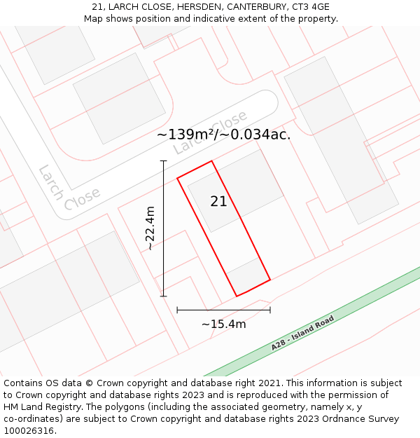 21, LARCH CLOSE, HERSDEN, CANTERBURY, CT3 4GE: Plot and title map