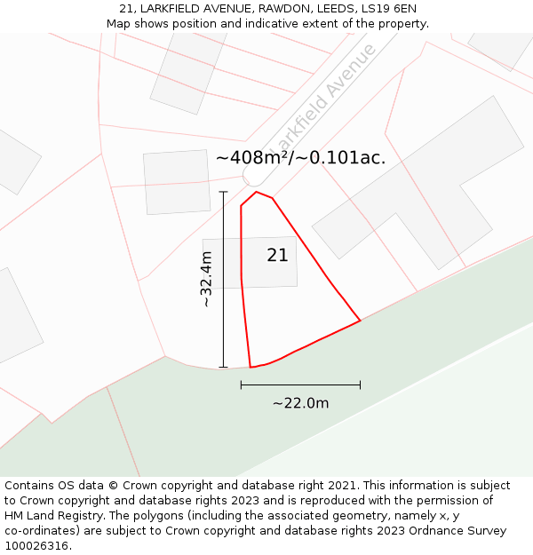 21, LARKFIELD AVENUE, RAWDON, LEEDS, LS19 6EN: Plot and title map