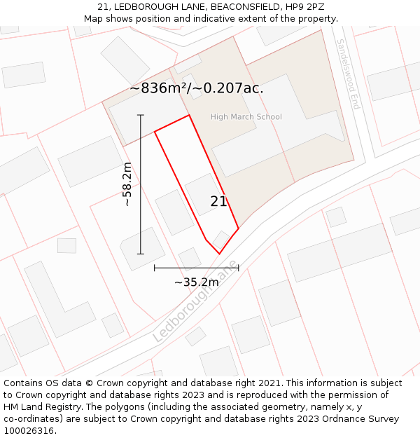 21, LEDBOROUGH LANE, BEACONSFIELD, HP9 2PZ: Plot and title map