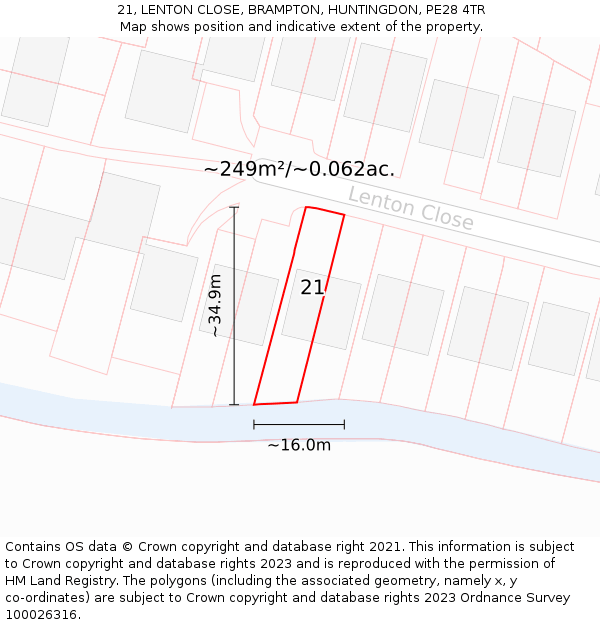 21, LENTON CLOSE, BRAMPTON, HUNTINGDON, PE28 4TR: Plot and title map