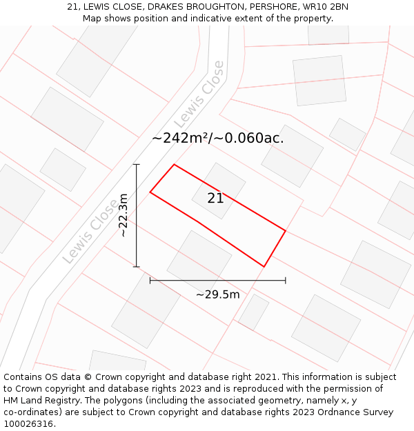 21, LEWIS CLOSE, DRAKES BROUGHTON, PERSHORE, WR10 2BN: Plot and title map