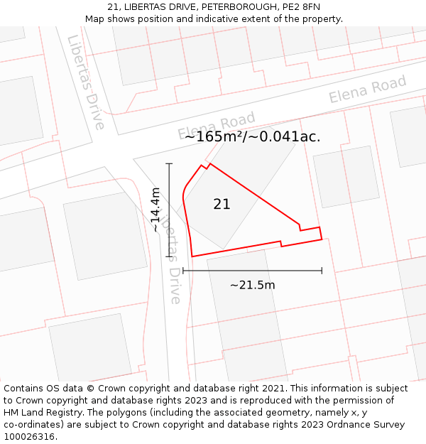 21, LIBERTAS DRIVE, PETERBOROUGH, PE2 8FN: Plot and title map