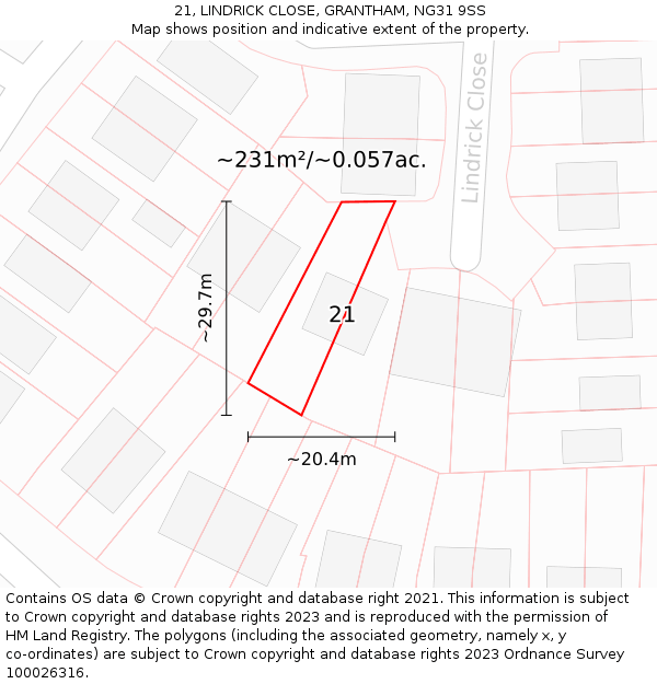 21, LINDRICK CLOSE, GRANTHAM, NG31 9SS: Plot and title map