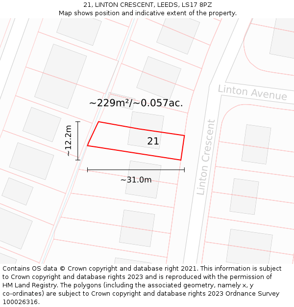 21, LINTON CRESCENT, LEEDS, LS17 8PZ: Plot and title map