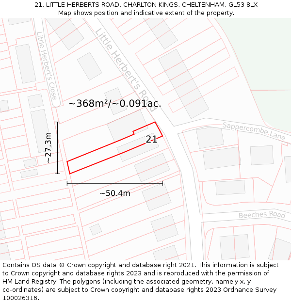 21, LITTLE HERBERTS ROAD, CHARLTON KINGS, CHELTENHAM, GL53 8LX: Plot and title map