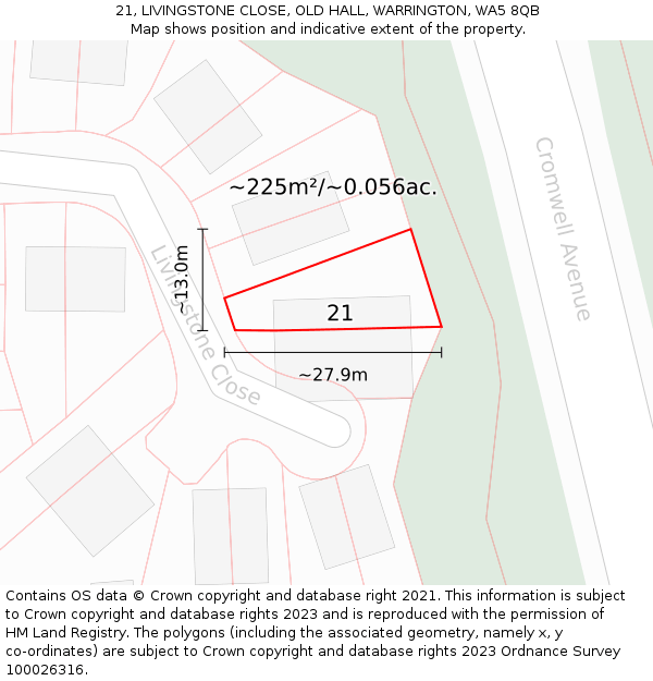 21, LIVINGSTONE CLOSE, OLD HALL, WARRINGTON, WA5 8QB: Plot and title map