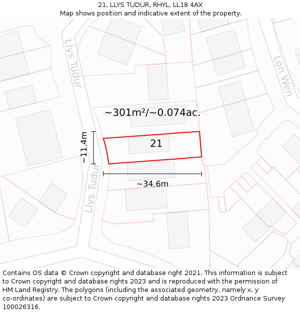 21, LLYS TUDUR, RHYL, LL18 4AX: Plot and title map