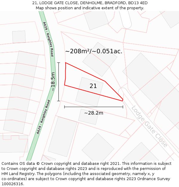 21, LODGE GATE CLOSE, DENHOLME, BRADFORD, BD13 4ED: Plot and title map