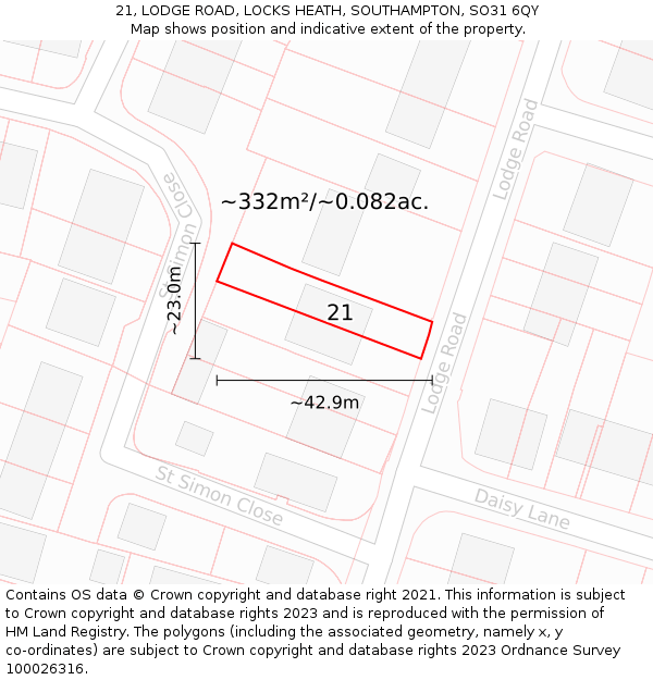 21, LODGE ROAD, LOCKS HEATH, SOUTHAMPTON, SO31 6QY: Plot and title map