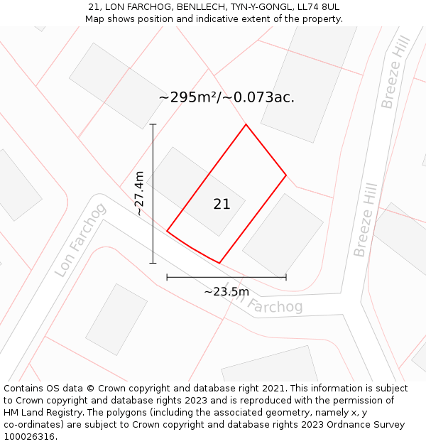 21, LON FARCHOG, BENLLECH, TYN-Y-GONGL, LL74 8UL: Plot and title map