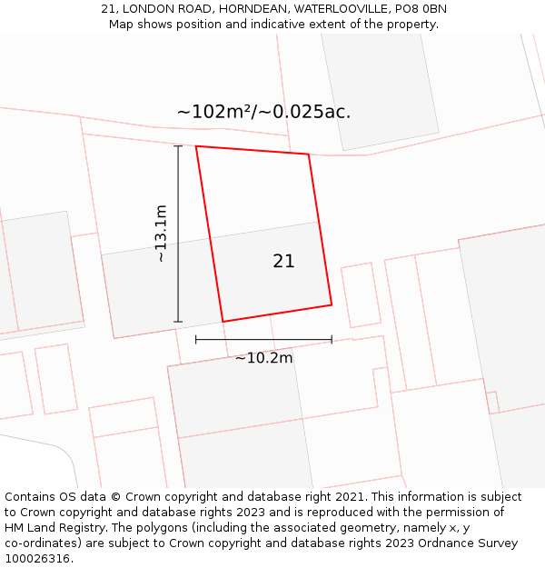 21, LONDON ROAD, HORNDEAN, WATERLOOVILLE, PO8 0BN: Plot and title map