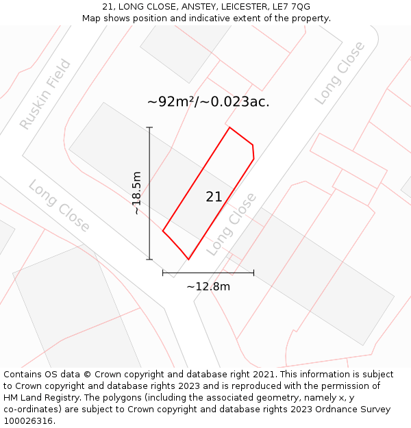 21, LONG CLOSE, ANSTEY, LEICESTER, LE7 7QG: Plot and title map