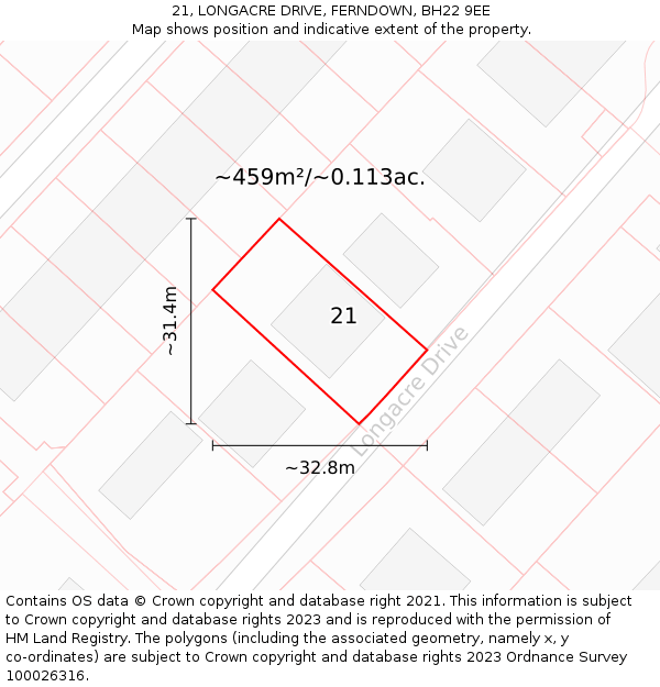 21, LONGACRE DRIVE, FERNDOWN, BH22 9EE: Plot and title map