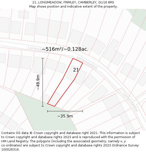 21, LONGMEADOW, FRIMLEY, CAMBERLEY, GU16 8RS: Plot and title map