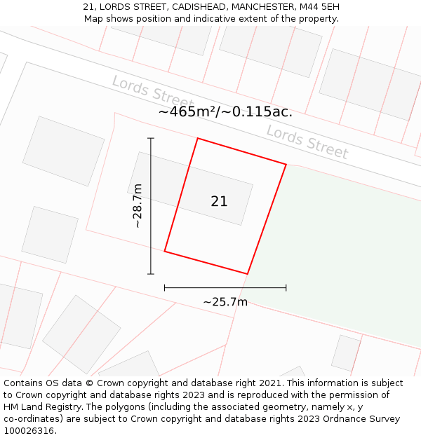 21, LORDS STREET, CADISHEAD, MANCHESTER, M44 5EH: Plot and title map