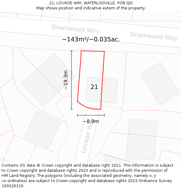 21, LOVAGE WAY, WATERLOOVILLE, PO8 0JG: Plot and title map