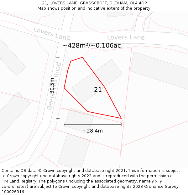 21, LOVERS LANE, GRASSCROFT, OLDHAM, OL4 4DP: Plot and title map