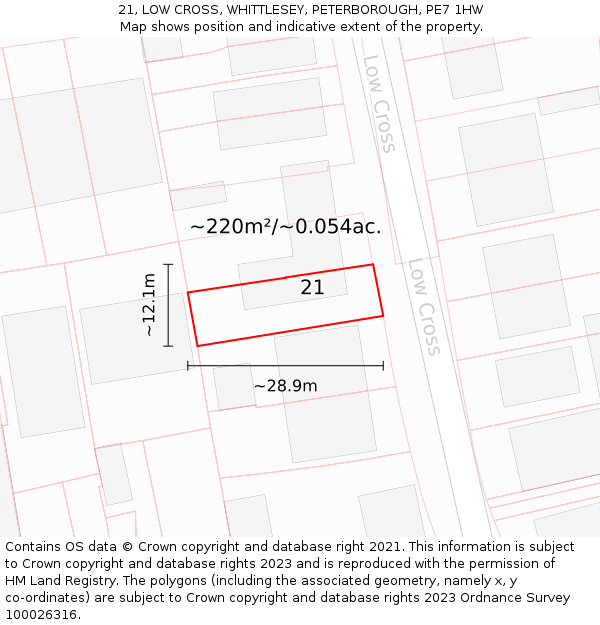 21, LOW CROSS, WHITTLESEY, PETERBOROUGH, PE7 1HW: Plot and title map