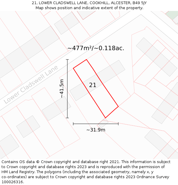 21, LOWER CLADSWELL LANE, COOKHILL, ALCESTER, B49 5JY: Plot and title map