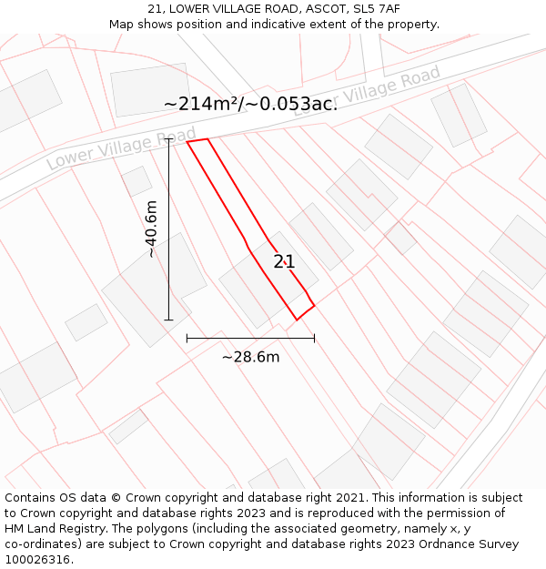 21, LOWER VILLAGE ROAD, ASCOT, SL5 7AF: Plot and title map