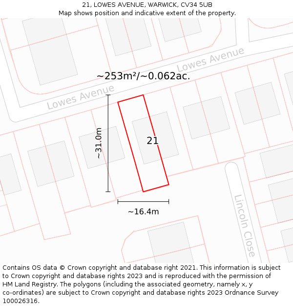 21, LOWES AVENUE, WARWICK, CV34 5UB: Plot and title map