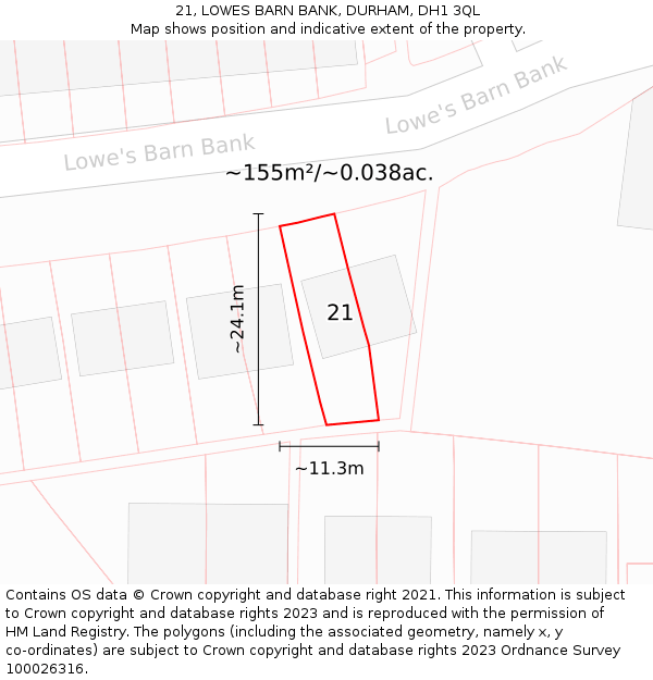 21, LOWES BARN BANK, DURHAM, DH1 3QL: Plot and title map