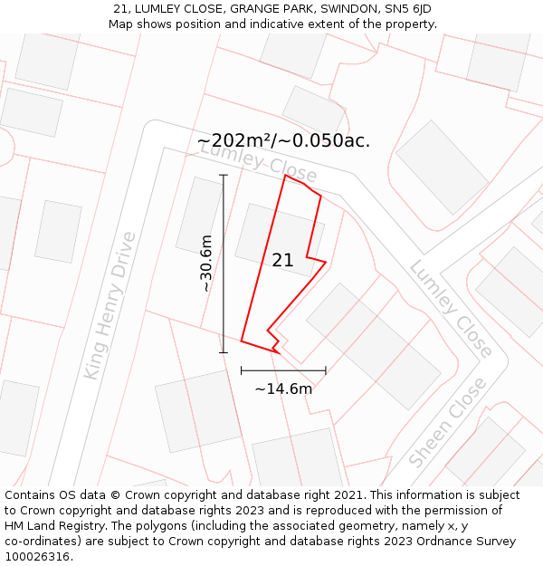 21, LUMLEY CLOSE, GRANGE PARK, SWINDON, SN5 6JD: Plot and title map