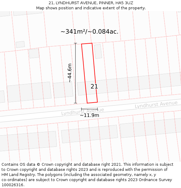 21, LYNDHURST AVENUE, PINNER, HA5 3UZ: Plot and title map