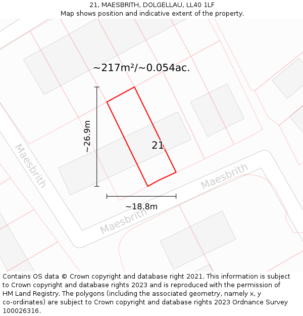 21, MAESBRITH, DOLGELLAU, LL40 1LF: Plot and title map