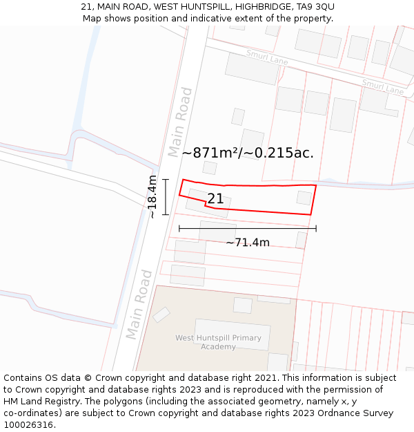 21, MAIN ROAD, WEST HUNTSPILL, HIGHBRIDGE, TA9 3QU: Plot and title map