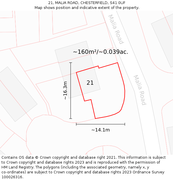 21, MALIA ROAD, CHESTERFIELD, S41 0UF: Plot and title map