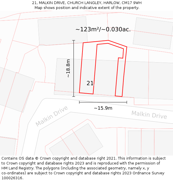 21, MALKIN DRIVE, CHURCH LANGLEY, HARLOW, CM17 9WH: Plot and title map