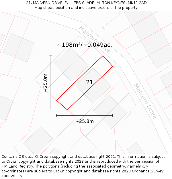 21, MALVERN DRIVE, FULLERS SLADE, MILTON KEYNES, MK11 2AD: Plot and title map