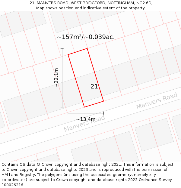 21, MANVERS ROAD, WEST BRIDGFORD, NOTTINGHAM, NG2 6DJ: Plot and title map