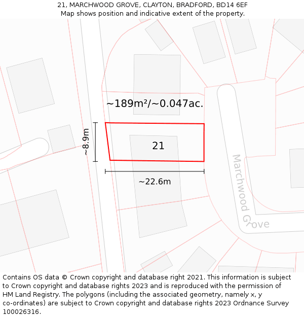 21, MARCHWOOD GROVE, CLAYTON, BRADFORD, BD14 6EF: Plot and title map